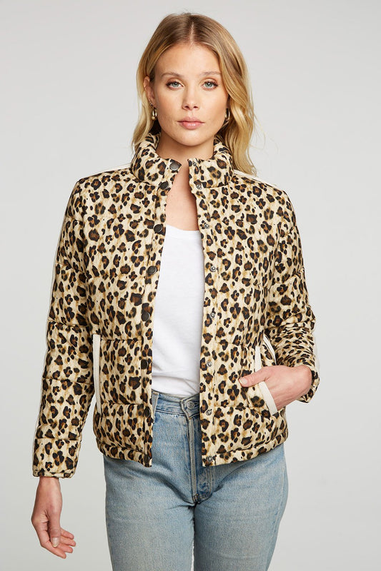 CHEETAH  HEIRLOOM WOVENS QUILTED CROPPED MOCK NECK PUFFER JACKET